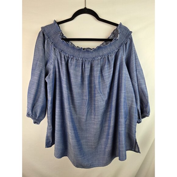 Lane Bryant Women's Top Plus Size 18/20 2X Blue Chambray 3/4 Sleeve Off Shoulder - Picture 1 of 11